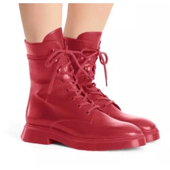 Stuart Weitzman McKenzee Red Patent Leather Lace Up Combat Boots Women’s size 7 - Picture 2 of 11